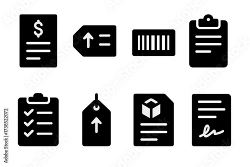 Shipment Icon Set. Solid, filled icon set of shipment documentation: invoice, shipping label, barcode, clipboard, checklist, package tag, cargo manifest,