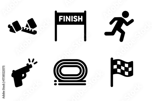 Race Line Icons. Solid, filled icon set of start line: starting blocks, finish line, stopwatch, runner, starting gun, race track, countdown timer, flag. [Line