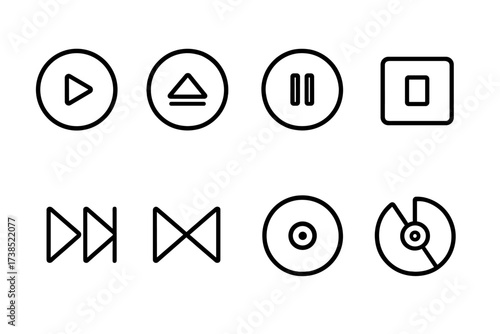 Icon Sets Collection. Outline icon set of CD/DVD usage: play button, eject button, pause button, stop button, fast forward, rewind, skip track, record button.