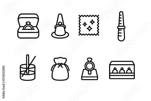 Ring Accessories Icons. Outline icon set of ring accessories: ring box, ring holder, polishing cloth, ring sizer, ring cleaner, jewelry pouch, ring stand, ring