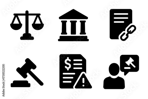 Insolvency Law Icons. Solid, filled icon set of insolvency law: legal scales, courthouse, lawyer, contract, gavel, document, shield, legal advice. [Solid,