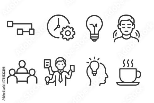 Patience Icon Set. Outline icon set of patience in work: project timeline, clock with gears, progress bar, calm worker, meeting, multitasking, brainstorming,