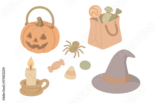 Seasonal Spooky Fun. Isometric vector illustration set Seasonal spooky fun: carved pumpkin lantern, trick-or-treat bag, candy