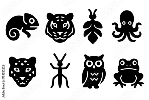 Camouflage Animal Icons. Solid, filled icon set of camouflage animals: chameleon, tiger, leaf insect, octopus, snow leopard, stick insect, owl, frog. [Line
