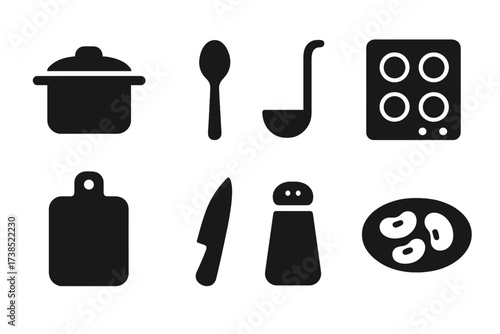 Cooking Utensil Icon Set. Solid, filled icon set of cooking utensils: pot, spoon, ladle, stove, cutting board, knife, salt shaker, white bean dish. [Line icons