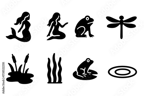 Water Spirits Icons. Solid, filled icon set of water spirits and creatures: mermaid, water nymph, frog, dragonfly, swamp, algae, frog lily pad, ripples. Solid,