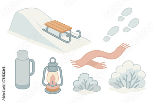 Snowy Adventure Icons. Isometric vector illustration set Snowy hill adventure: sled on slope, footprints in snow, scarf fluttering
