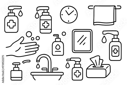 Hygiene Essentials Doodle. Hand-drawn doodle illustration hand sanitizer dispenser sanitizer bottle, pump nozzle, hand, bubbles, sink, faucet, water droplet,