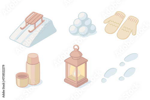 Winter Sports Icons. Isometric vector illustration set Winter sports fun: sled slope, snowball stack, wool gloves, thermos drink,