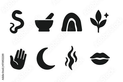 Shadow Healer Icons. Solid, filled icon set of shadow healer: snake coil, mortar and pestle, cave mouth, glowing herb, healing hand, crescent mark, spirit