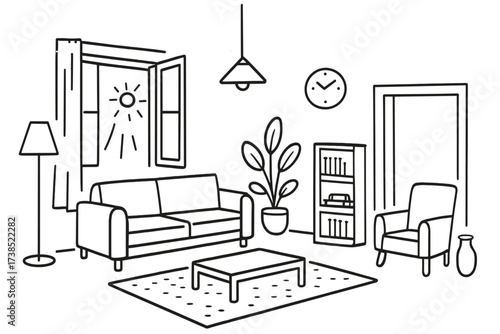 Minimalist Living Space. Hand-drawn doodle illustration Spacious feel open window, high ceiling, floor lamp, large sofa, rug, potted plant,