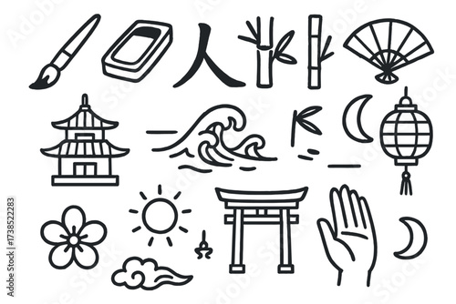 Japanese Calligraphy Elements. Hand-drawn doodle illustration Japanese shodo calligraphy brush, inkstone, ink stick, scroll, kanji character, bamboo, fan,