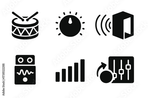 Drum Sound Icons. Solid, filled icon set of drum sound and effects: drum wave, volume knob, echo effect, reverb, distortion, equalizer, bass boost, sound