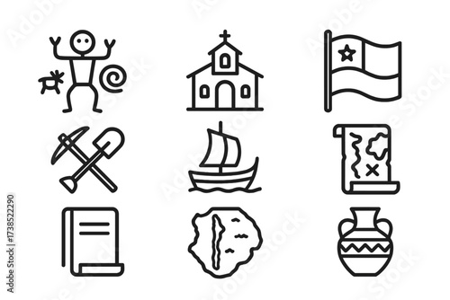 Chilean History Icons. Outline icon set of Chilean history and heritage: indigenous petroglyphs, colonial church, independence flag, mining tools, traditional