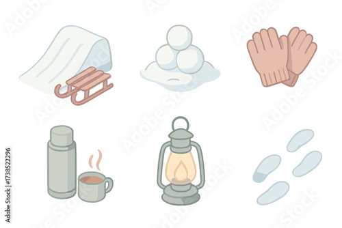Winter Sports Icons. Isometric vector illustration set Winter sports fun: sled slope, snowball stack, wool gloves, thermos drink,