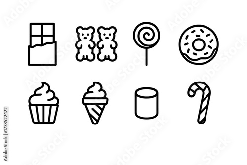 Sweet Treat Icons. Outline icon set of sweet snacks: chocolate bar, gummy bears, lollipop, donut, cupcake, ice cream cone, marshmallow, candy cane. [Line icons