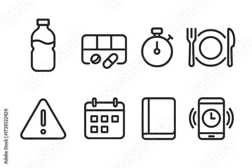 Hangover Prevention Icons. Outline icon set of hangover prevention tools: water bottle, pill box, timer, food plate, warning sign, calendar, journal, phone