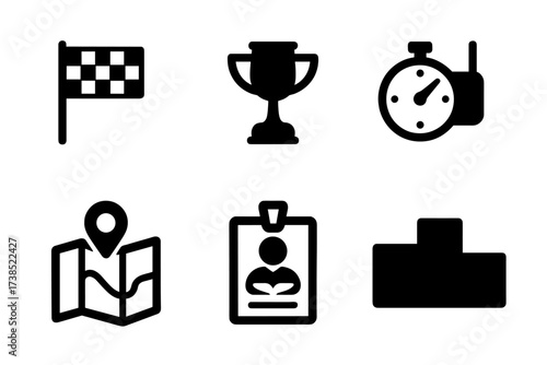 Glider Competition Icons. Solid, filled icon set of glider competition elements: race flag, trophy, stopwatch, GPS tracker, map, scoring sheet, pilot badge,