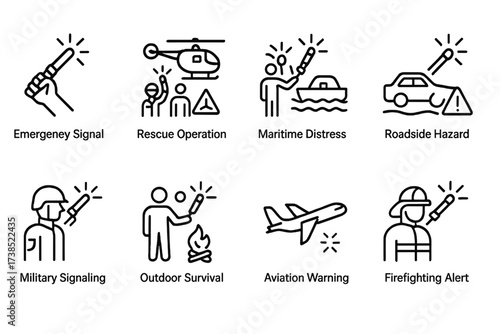 Flare Usage Icon Set. Outline icon set of flare usage scenarios: emergency signal, rescue operation, maritime distress, roadside hazard, military signaling,