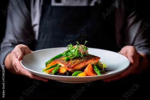 Wallpaper Mural A skilled chef showcases a vibrant salmon dish, beautifully arranged with colorful vegetables. The setting is a sophisticated restaurant, highlighting culinary artistry Torontodigital.ca