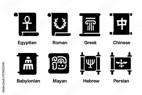 Ancient Scroll Icons. Solid, filled icon set of ancient civilizations' scrolls: Egyptian scroll, Roman scroll, Greek scroll, Chinese scroll, Babylonian scroll,