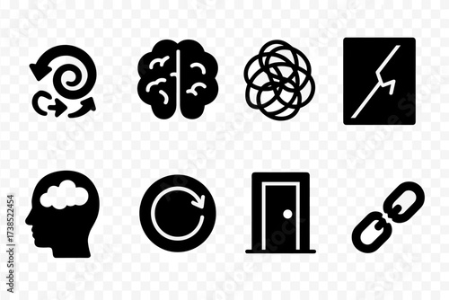 Mental Desperation Icons. Solid, filled icon set of mental desperation: spiraling arrows, clouded brain, tangled lines, foggy mind, cracked mirror, spinning