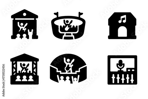 Rock Venues Icons. Solid, filled icon set of rock music venues: concert hall, stadium, nightclub, festival stage, outdoor arena, bar, rehearsal studio,