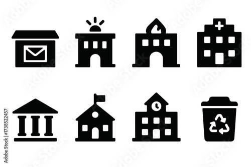 Local Services Icons. Solid, filled icon set of local services: post office, police station, fire station, hospital, library, school, town hall, recycling bin.