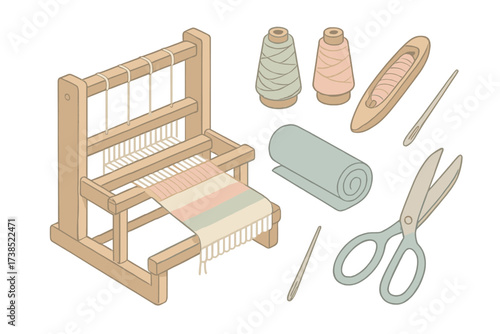 Weaving Tools Illustration. Isometric vector illustration set Loom and weaving tools: wooden loom, shuttle stick, yarn spindles,