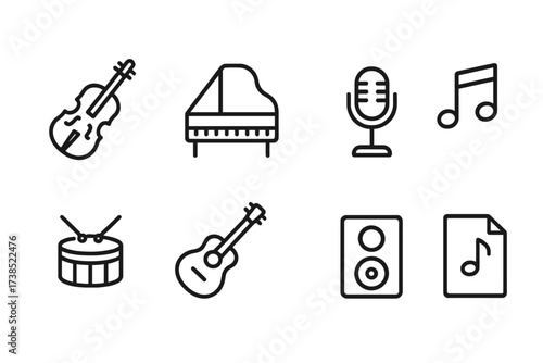 Music Ceremony Icons. Outline icon set of ceremony music: violin, piano, microphone, music notes, drum, guitar, speaker, sheet music. Line icons in only black