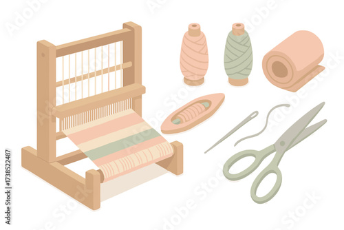 Weaving Tools Illustration. Isometric vector illustration set Loom and weaving tools: wooden loom, shuttle stick, yarn spindles,