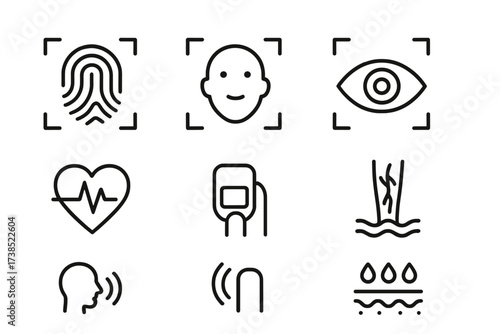 Biometric Sensor Icons. Outline icon set of biometric sensors: fingerprint scanner, face recognition, iris scanner, heart rate sensor, pulse oximeter, vein