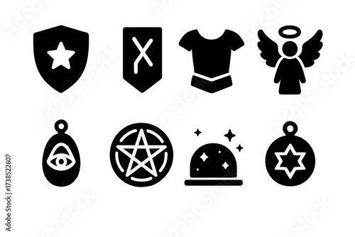 Magical Protector Icons. Solid, filled icon set of magical protectors: magic shield, protective rune, enchanted armor, guardian angel, talisman, spell circle,