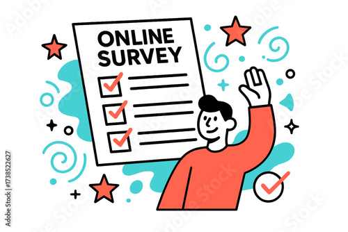 Floating Survey Form. Online survey. A giant form floating in the air with ticked boxes, a character raising hand in approval. Stars and abstract icons