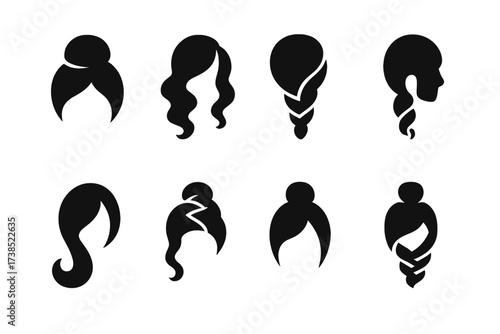 Twirl Hair Icons. Solid, filled icon set of twirl hair styles: bun twist, curly twirl, braided twirl, ponytail spin, loose curl, spiral braid, top knot twist,