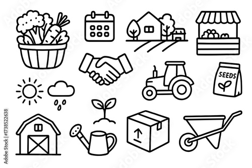 Farm Fresh Doodle. Hand-drawn doodle illustration Seasonal farm produce sharing basket of vegetables, crate of fruits, calendar, farm, market stall, handshake,