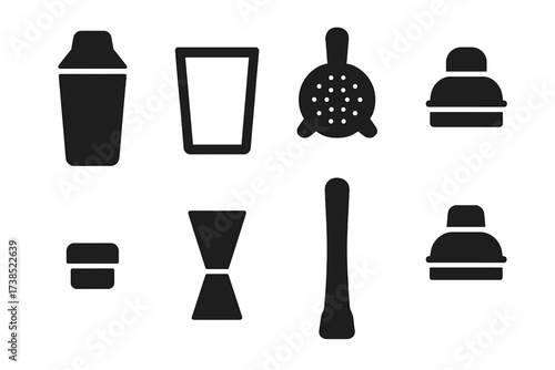 Cocktail Shaker Icons. Solid, filled icon set of shaker components: shaker tin, mixing glass, strainer lid, built-in strainer, cap, jigger, muddler, shaker