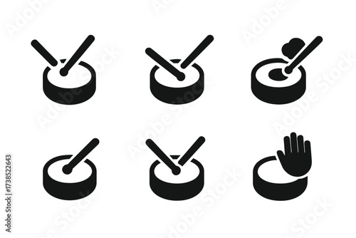 Drum Techniques Icons. Solid, filled icon set of drumhead playing techniques: rimshot, center strike, edge strike, muffled hit, ghost note, roll, tap, slap.