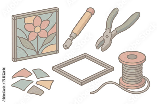Artistic Glass Workshop. Isometric vector illustration set Artistic glass workshop: stained glass panel, cutter knife, pliers,