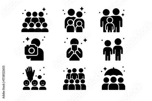 Crowd Icon Set. Spectators & Crowds. Solid icons set of Spectators & Crowds: People Watching, Family, Friends, Camera, Smartphone, Children, Hand Waving,