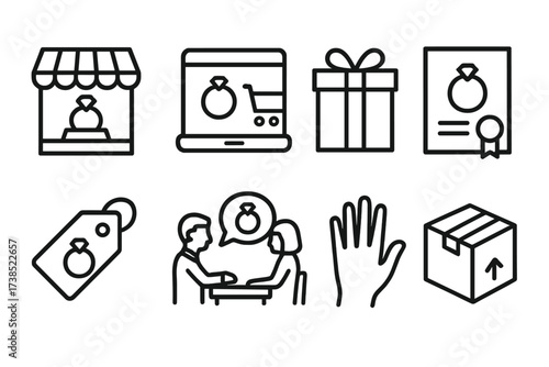 Ring Purchase Icons. Outline icon set of ring purchase process: jewelry store, online shopping, gift wrapping, certificate of authenticity, price