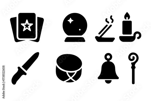 Spirit World Icons. Solid, filled icon set of spirit world tools: divination cards, crystal ball, incense sticks, candle holder, ritual knife, drum, bell,