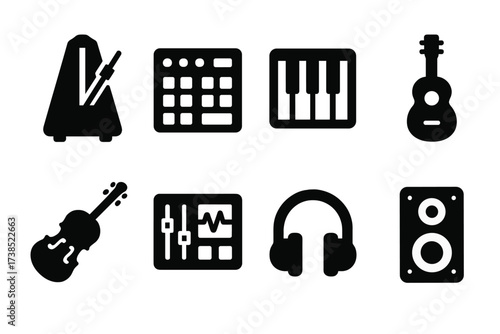 Tempo Instrument Icons. Solid, filled icon set of tempo instruments: metronome device, drum machine, piano keyboard, guitar, violin, digital audio workstation,