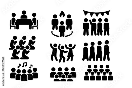 Ceremonial Icons Grid. Solid, filled icon set of ceremonial gatherings: council meeting, ritual circle, festival crowd, prayer group, dance troupe, procession
