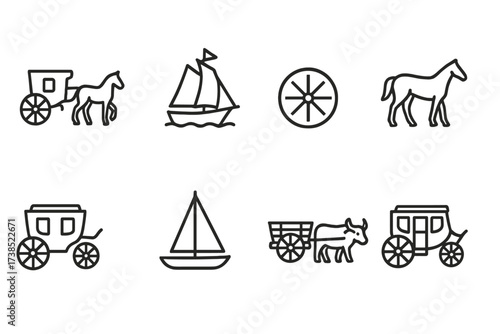 Old World Transport Icons. Outline icon set of old world transportation: horse carriage, sailing ship, wagon wheel, horse, coach, sailboat, ox cart,