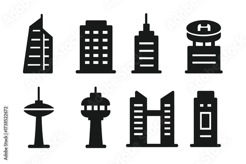 Skyscraper Icon Set. Solid, filled icon set of skyscraper architecture: glass tower, office building, antenna mast, rooftop helipad, observation