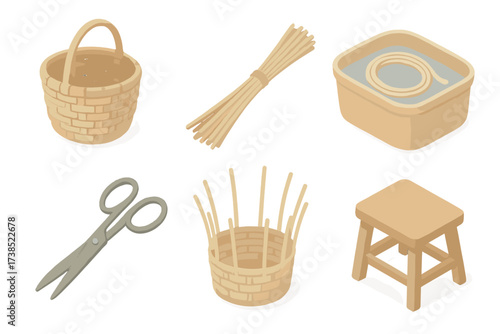 Rustic Basket Making. Isometric vector illustration set Rustic basket making: basket weave reed handmade, reed bundle, soaking tub