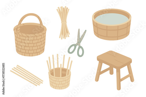 Rustic Basket Making. Isometric vector illustration set Rustic basket making: basket weave reed handmade, reed bundle, soaking tub