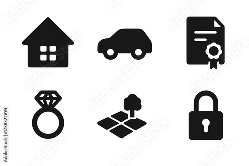 Collateral Items Icons. Solid, filled icon set of collateral items: house icon, car silhouette, gold bars, title deed, jewelry symbol, land plot, savings book,