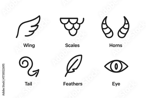 Myth Creature Icons. Outline icon set of mythological creatures? features: wings, scales, horns, claws, tail, fire breath, feathers, eyes. Line icons in only